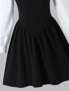 Tween Girls Elegant Black & White Color Sleeve 2--1 , Autumn/Back To School, Autumn , White Long Sleeve Dress - White - View 5