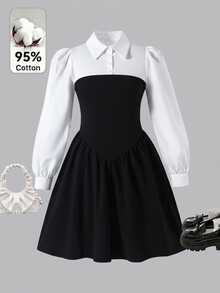 Tween Girls Elegant Black & White Color Sleeve 2--1 , Autumn/Back To School, Autumn , White Long Sleeve Dress - White - View 1