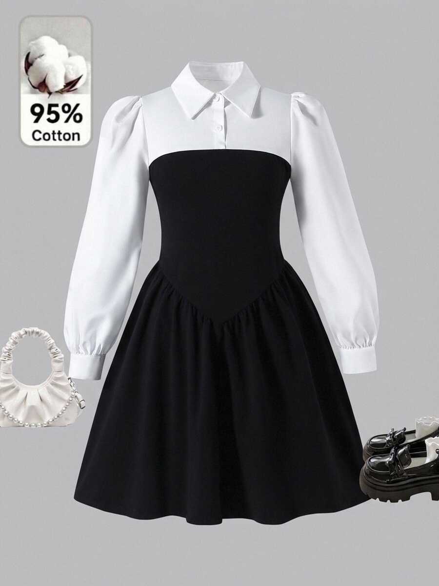 Tween Girls Elegant Black & White Color Sleeve 2--1 , Autumn/Back To School, Autumn , White Long Sleeve Dress - White - View 1