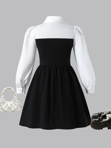 Tween Girls Elegant Black & White Color Sleeve 2--1 , Autumn/Back To School, Autumn , White Long Sleeve Dress - White - View 3