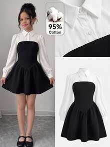 Tween Girls Elegant Black & White Color Sleeve 2--1 , Autumn/Back To School, Autumn , White Long Sleeve Dress - White - View 2