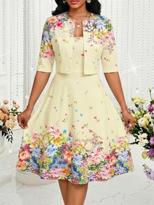 SHEIN Lady Women's Elegant Beige Floral Skater Dress With Matching Jacket Spring Summer Casual Style Tea Party - Pale Yellow - View 3