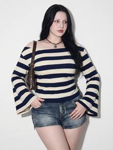 SHEIN ICON Plus Size Y2K Vintage Asymmetrical Shoulder Knitted Waist-Cinching T-Shirt Top, Casual Retro Asymmet Fall - Multicolor - View 2