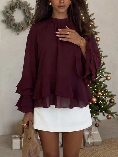 Siren Gaze Women's Long-Sleeve Going Out T-Shirt Crew Neck With Ruffle Detail Slim-Fit Casual Elegant Brown Top Fall Winter Party Work Back-To-School Burgundy