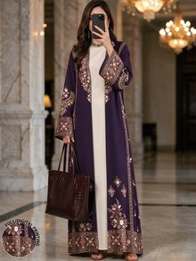 Mulvari Al-Adha Women's Rhombus Geometric Retro Modest Casual Middle Eastern Pattern Digital Print Long Sleeve Abaya Cardigan Maxi Jacket Winter Blue White - Multicolor - View 1