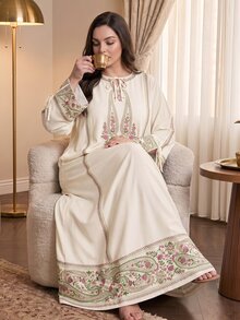 SHEIN Najma Plus Size Women's Round Neck Long Sleeve Arabian Dress - Multicolor - View 3