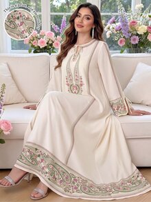 SHEIN Najma Plus Size Women's Round Neck Long Sleeve Arabian Dress - Multicolor - View 2