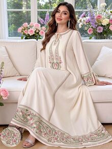 SHEIN Najma Plus Size Women's Round Neck Long Sleeve Arabian Dress - Multicolor - View 1