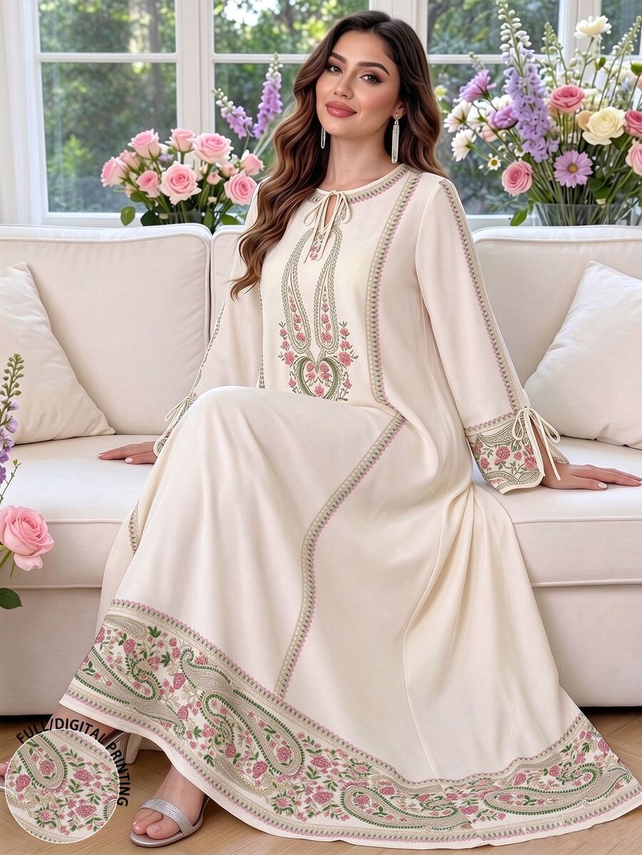 SHEIN Najma Plus Size Women's Round Neck Long Sleeve Arabian Dress - Multicolor - View 1