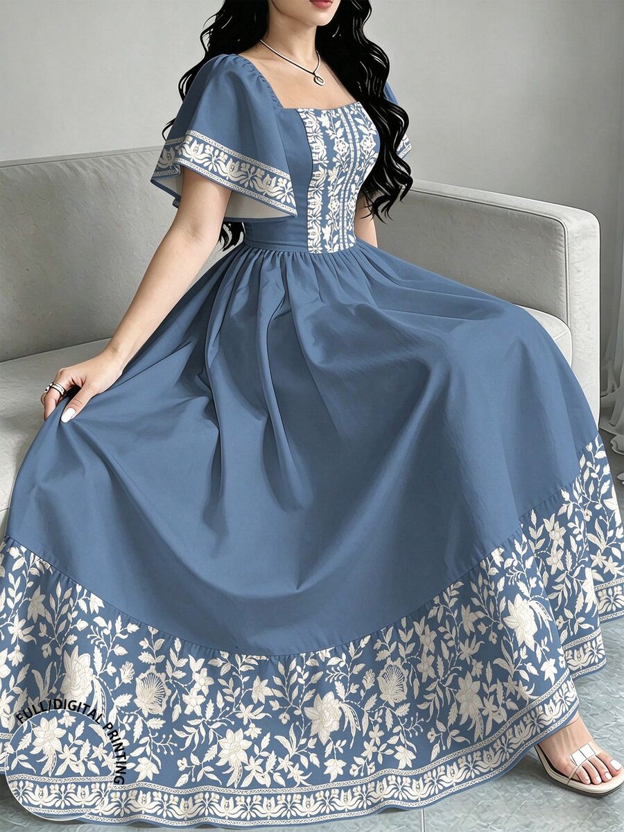 Seusyu Floral Print Fashion Square Neck Cap Sleeve Dress, Summer Waist Cinched Midi Dress, Floral Pattern Black Long Dress - Multicolor - View 1