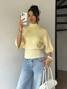 Siren Gaze 秋季優雅奶油黃漏斗領針織毛衣，休閒圓領長袖寬鬆短版針織衫，舒適時尚保暖，適合返校季 - 黃色 - 查看 3