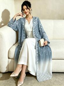 Mulvari White Ditsy Floral Maxi Abaya Dress, Elegant Modest Middle Eastern Long Sleeve Cardigan Outerwear For Autumn, Ombre Blue Pattern Robe, Arabic Wedding - Multicolor - View 8