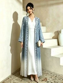 Mulvari White Ditsy Floral Maxi Abaya Dress, Elegant Modest Middle Eastern Long Sleeve Cardigan Outerwear For Autumn, Ombre Blue Pattern Robe, Arabic Wedding - Multicolor - View 4