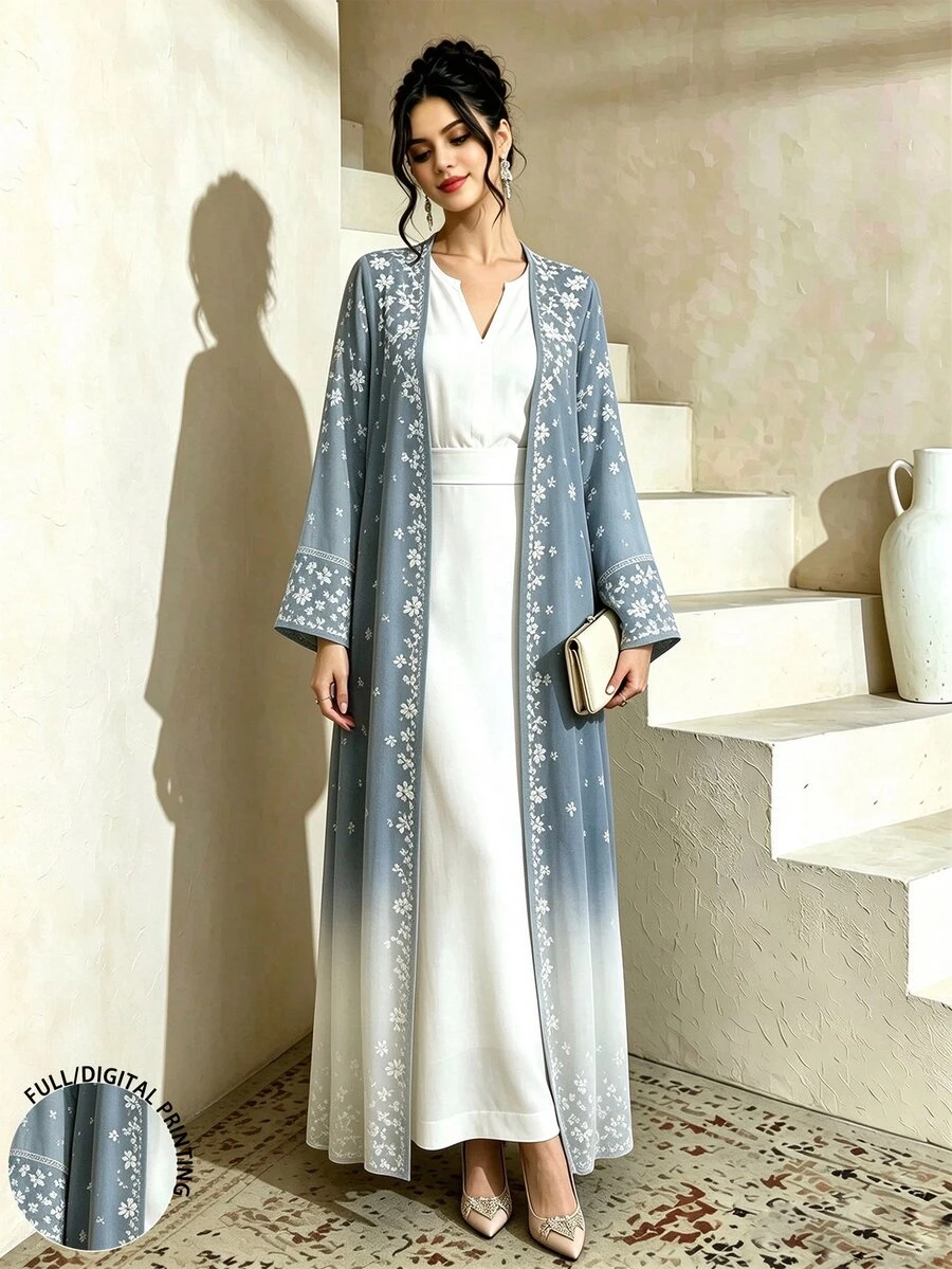 Mulvari White Ditsy Floral Maxi Abaya Dress, Elegant Modest Middle Eastern Long Sleeve Cardigan Outerwear For Autumn, Ombre Blue Pattern Robe, Arabic Wedding - Multicolor - View 1