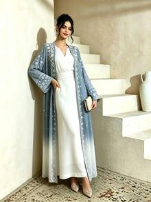 Mulvari White Ditsy Floral Maxi Abaya Dress, Elegant Modest Middle Eastern Long Sleeve Cardigan Outerwear For Autumn, Ombre Blue Pattern Robe, Arabic Wedding - Multicolor - View 6