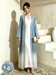 Mulvari White Ditsy Floral Maxi Abaya Dress, Elegant Modest Middle Eastern Long Sleeve Cardigan Outerwear For Autumn, Ombre Blue Pattern Robe, Arabic Wedding - Multicolor - View 3
