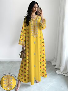 Al Najma Women's Yellow Floral Faux Embroidery Print V-Neck Long Sleeve Elegant Arabic Maxi Dress, Spring/Autumn - Multicolor - View 8