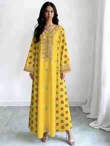 Al Najma Women's Yellow Floral Faux Embroidery Print V-Neck Long Sleeve Elegant Arabic Maxi Dress, Spring/Autumn - Multicolor - View 5