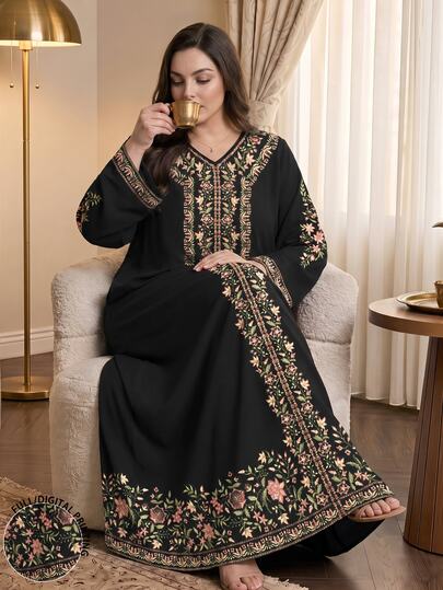 SHEIN Najma 女士花卉植物数码印花V领长袖优雅阿拉伯风格长款连衣裙，加大码