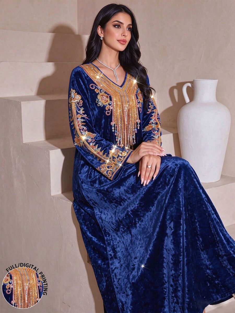 Mulvari Women's Vintage Colorful Pattern Navy Blue Fashion V-Neck Long Sleeve Spring/Autumn Elegant Gold Rhinestone Velvet Maxi Dress, Geometric Pattern Dress, Arabic Style Clothing - Multicolor - View 1