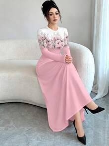 Modelyn 优雅花卉渐变印花圆领长袖A字型女士长款连衣裙，春季款 - 彩色 - 查看 7