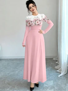 Modelyn 优雅花卉渐变印花圆领长袖A字型女士长款连衣裙，春季款 - 彩色 - 查看 6