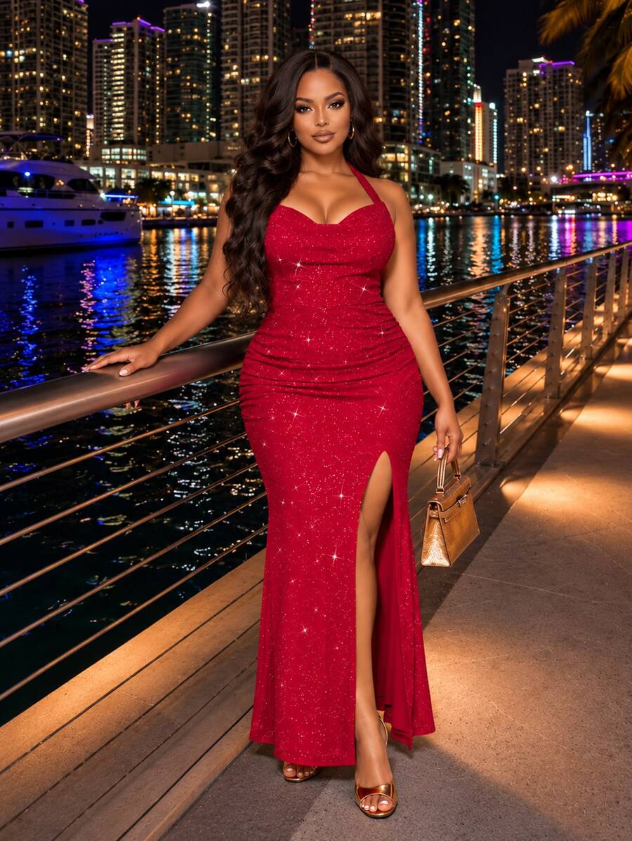 Poshavie Poshavie Plus Size Women's Shiny Split Design Pleated Elegant Celestial Waist-Cinching Halter Neck Dress New Year Christmas Evening Formal Red Sequin Summer - Red - View 1