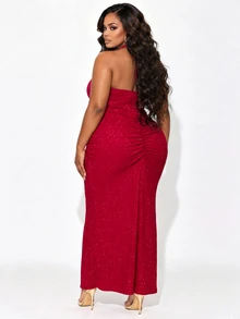 Poshavie Poshavie Plus Size Women's Shiny Split Design Pleated Elegant Celestial Waist-Cinching Halter Neck Dress New Year Christmas Evening Formal Red Sequin Summer - Red - View 2