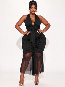Poshavie Poshavie Plus Size Women's Patchwork Halter Neck Dress Ruched Slimming Cocktail Party New Year Black Summer Sexy Elegant - Black - View 5