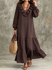 Linhara CURVE Women's Spring/Autumn Vintage Vacation Coffee Brown Ruffle V-Neck Bowknot Puff Lantern Sleeve Loose Draped Slimming Print Cuff Cake Hem Dress - Coffee Brown - View 3
