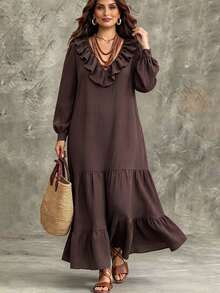 Linhara CURVE Women's Spring/Autumn Vintage Vacation Coffee Brown Ruffle V-Neck Bowknot Puff Lantern Sleeve Loose Draped Slimming Print Cuff Cake Hem Dress - Coffee Brown - View 1