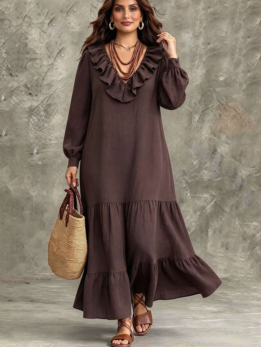 Linhara CURVE Women's Spring/Autumn Vintage Vacation Coffee Brown Ruffle V-Neck Bowknot Puff Lantern Sleeve Loose Draped Slimming Print Cuff Cake Hem Dress - Coffee Brown - View 1