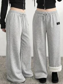 SHEIN Teen Girl Teen Girls Sweatpants, Autumn/Winter Thermal Lined Heather Grey Loose Casual Drawstring Pocket Wide Leg Sweatpants, Suitable For Daily Wear - Light Grey - View 4
