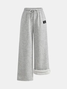 SHEIN Teen Girl Teen Girls Sweatpants, Autumn/Winter Thermal Lined Heather Grey Loose Casual Drawstring Pocket Wide Leg Sweatpants, Suitable For Daily Wear - Light Grey - View 3