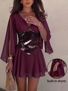 Siren Gaze 秋冬女款優雅修身荷葉邊下擺派對洋裝－重工亮片拼接A字喇叭迷你洋裝，適合外出、聖誕節與舞會；另有亮片裝飾寬鬆長袖迷你洋裝（酒紅色），適合秋季，復古70年代風，適合夜生活、派對迪斯可、聖誕節、新年與情人節 - 酒紅色 - 查看 3