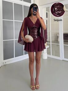 Siren Gaze 秋冬女款優雅修身荷葉邊下擺派對洋裝－重工亮片拼接A字喇叭迷你洋裝，適合外出、聖誕節與舞會；另有亮片裝飾寬鬆長袖迷你洋裝（酒紅色），適合秋季，復古70年代風，適合夜生活、派對迪斯可、聖誕節、新年與情人節 - 酒紅色 - 查看 10
