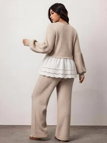 Enliva Plus-Size Women's White Casual Round Neck Lantern Sleeve Patchwork Ruffled Hem Cardigan Sweater Set - Apricot - View 2