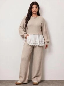 Enliva Plus-Size Women's White Casual Round Neck Lantern Sleeve Patchwork Ruffled Hem Cardigan Sweater Set - Apricot - View 4