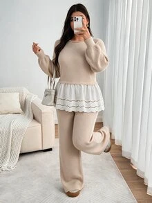 Enliva Plus-Size Women's White Casual Round Neck Lantern Sleeve Patchwork Ruffled Hem Cardigan Sweater Set - Apricot - View 3