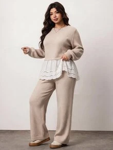 Enliva Plus-Size Women's White Casual Round Neck Lantern Sleeve Patchwork Ruffled Hem Cardigan Sweater Set - Apricot - View 1