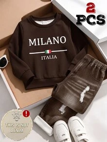 SHEIN طقم 2 قطعة للأولاد الرضع بتصميم بريبي بني مخطط بطبعة MILANO، قصة فضفاضة، سويت شيرت وبنطلون بياقة دائرية وحواف مضلعة، للخريف والعودة للمدرسة والإجازات - متعدد الألوان - مشاهدة 4