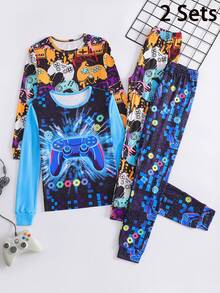 4pcs/Set Boys Long Sleeve Top & Long Pants Slim Fit Pajamas Homewear Set, New Arrival With Game Console, English Letter, Headphone And Cool Graphic Prints, Suitable For Boys - Multicolor - View 3