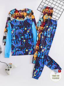 4pcs/Set Boys Long Sleeve Top & Long Pants Slim Fit Pajamas Homewear Set, New Arrival With Game Console, English Letter, Headphone And Cool Graphic Prints, Suitable For Boys - Multicolor - View 2