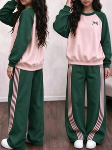 青少年女孩 2 件組 粉色蝴蝶結印花拼色長袖圓領套頭運動衫與寬腿褲套裝，舒適休閒冬季穿搭 - 彩色 - 查看 4