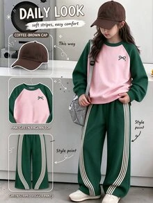 青少年女孩 2 件組 粉色蝴蝶結印花拼色長袖圓領套頭運動衫與寬腿褲套裝，舒適休閒冬季穿搭 - 彩色 - 查看 1