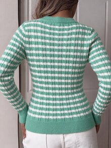 CovetEZ Women's Long Sleeve Green And White Striped Colorblock Cable Knit Sweater For Daily Commute And Outings Brunch Autumn Casual Preppy - Multicolor - View 2