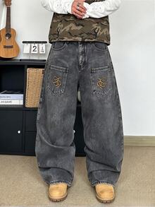 STEELVANCE 男士棕色街頭風秋季畢業返校復古翅膀刺繡小眾設計直筒寬腿寬鬆牛仔褲休閒時尚腰帶A - 彩色 - 查看 7