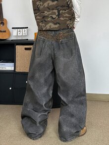 STEELVANCE 男士棕色街頭風秋季畢業返校復古翅膀刺繡小眾設計直筒寬腿寬鬆牛仔褲休閒時尚腰帶A - 彩色 - 查看 6