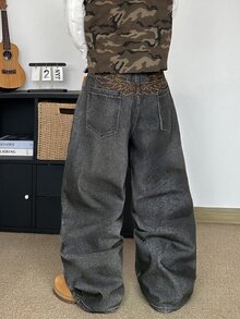 STEELVANCE 男士棕色街頭風秋季畢業返校復古翅膀刺繡小眾設計直筒寬腿寬鬆牛仔褲休閒時尚腰帶A - 彩色 - 查看 2