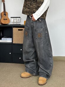 STEELVANCE 男士棕色街頭風秋季畢業返校復古翅膀刺繡小眾設計直筒寬腿寬鬆牛仔褲休閒時尚腰帶A - 彩色 - 查看 5